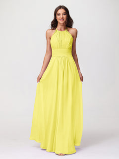 Chiffon Long Dresses with Lace Straps Lemon