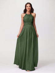 Chiffon Long Dresses with Lace Straps Olive Green