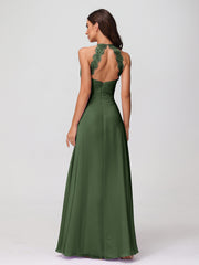 Chiffon Long Dresses with Lace Straps Olive Green
