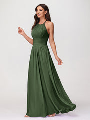Chiffon Long Dresses with Lace Straps Olive Green