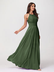 Chiffon Long Dresses with Lace Straps Olive Green