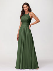 Chiffon Long Dresses with Lace Straps Olive Green