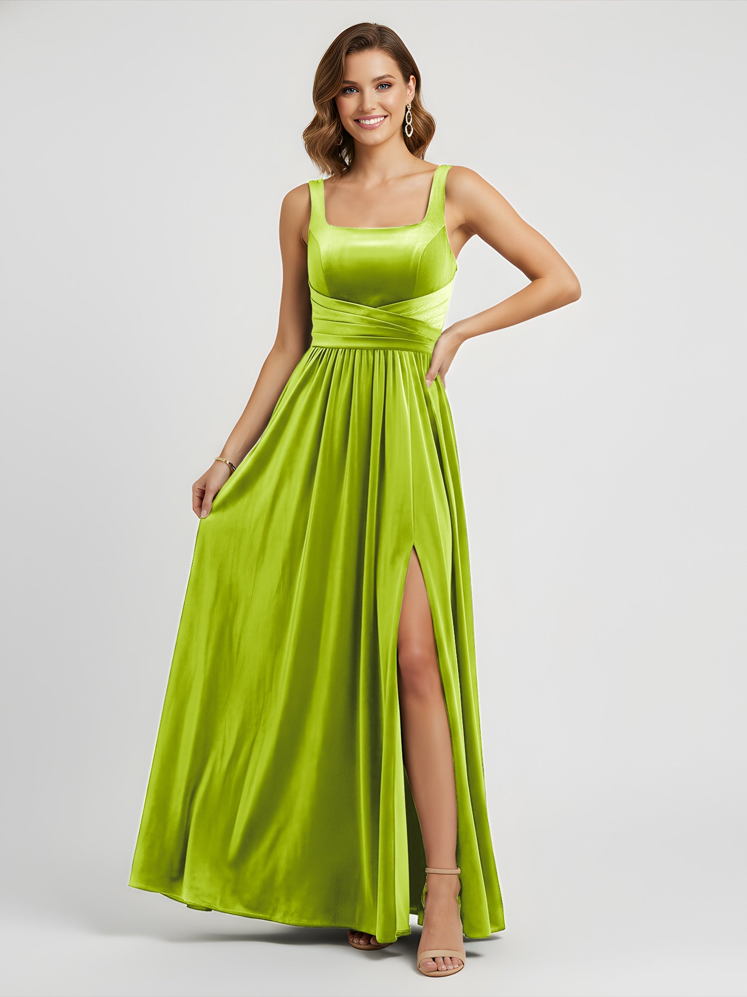 BABARONI Velvet Lime Green Bridesmaid Dresses A-line Square Floor ...