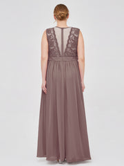 Chiffon and Lace Long Dresses with Illusion Neck Dusk Plus Size