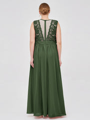 Chiffon and Lace Long Dresses with Illusion Neck Olive Green