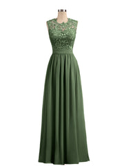 Chiffon and Lace Long Dresses with Illusion Neck Olive Green