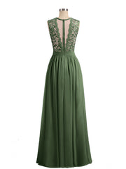 Chiffon and Lace Long Dresses with Illusion Neck Olive Green