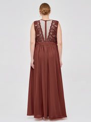 Chiffon and Lace Long Dresses with Illusion Neck Terracotta