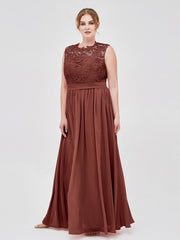 Chiffon and Lace Long Dresses with Illusion Neck Terracotta