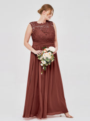 Chiffon and Lace Long Dresses with Illusion Neck Terracotta