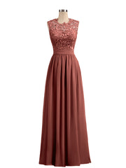 Chiffon and Lace Long Dresses with Illusion Neck Terracotta