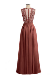 Chiffon and Lace Long Dresses with Illusion Neck Terracotta