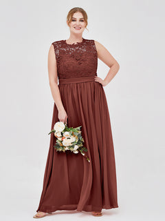 Chiffon and Lace Long Dresses with Illusion Neck Terracotta