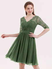 Half Sleeves Lace And Chiffon Short Gowns Olive Green