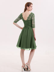 Half Sleeves Lace And Chiffon Short Gowns Olive Green