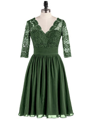 Half Sleeves Lace And Chiffon Short Gowns Olive Green