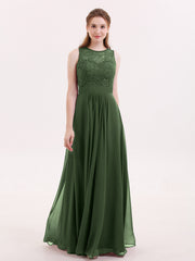 Illusion Neck Lace and Chiffon Long Gowns Olive Green