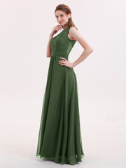 Illusion Neck Lace and Chiffon Long Gowns Olive Green