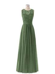 Illusion Neck Lace and Chiffon Long Gowns Olive Green