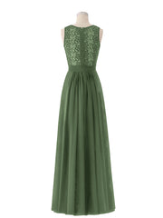 Illusion Neck Lace and Chiffon Long Gowns Olive Green