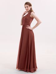 Illusion Neck Lace and Chiffon Long Gowns Terracotta