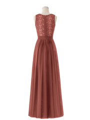 Illusion Neck Lace and Chiffon Long Gowns Terracotta