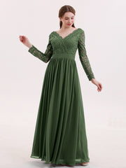Long Sleeves Chiffon Dress with V-neck Olive Green