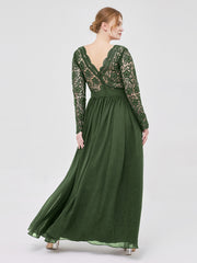 Long Sleeves Chiffon Dress with V-neck Olive Green