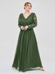 Long Sleeves Chiffon Dress with V-neck Olive Green