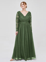 Long Sleeves Chiffon Dress with V-neck Olive Green