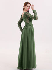 Long Sleeves Chiffon Dress with V-neck Olive Green