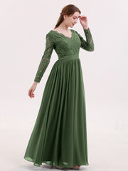 Long Sleeves Chiffon Dress with V-neck Olive Green