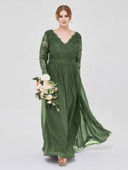 Long Sleeves Chiffon Dress with V-neck Olive Green