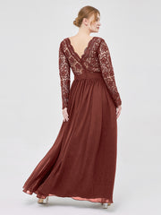 Long Sleeves Chiffon Dress with V-neck Terracotta