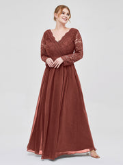 Long Sleeves Chiffon Dress with V-neck Terracotta