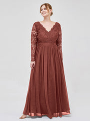 Long Sleeves Chiffon Dress with V-neck Terracotta