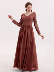Long Sleeves Chiffon Dress with V-neck Terracotta