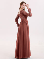 Long Sleeves Chiffon Dress with V-neck Terracotta