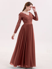 Long Sleeves Chiffon Dress with V-neck Terracotta