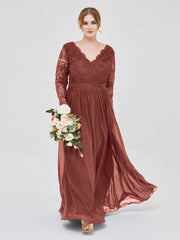 Long Sleeves Chiffon Dress with V-neck Terracotta