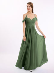 Off The Shoulder Chiffon Dresses with Spaghetti Straps Olive Green