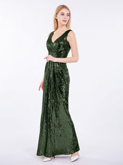 V-neck Sequins Lace Long Dresses Olive Green
