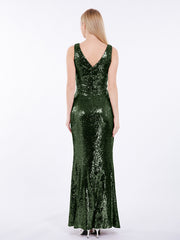 V-neck Sequins Lace Long Dresses Olive Green