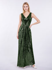 V-neck Sequins Lace Long Dresses Olive Green