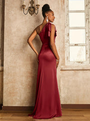 One Shoulder Acetate Satin Dress with Bow Burgundy