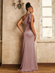 One Shoulder Acetate Satin Dress with Bow Dusty Rose