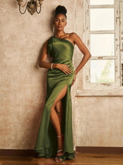 One Shoulder Acetate Satin Dress with Bow Olive Green