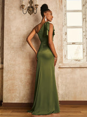 One Shoulder Acetate Satin Dress with Bow Olive Green