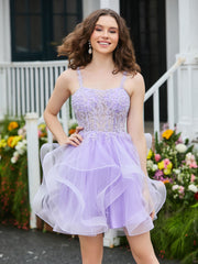 Appliqued Corset Top Short Tulle Dress Lilac