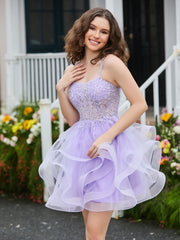 Appliqued Corset Top Short Tulle Dress Lilac